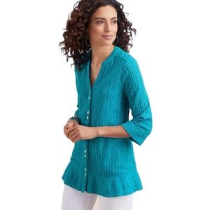 Soft Surroundings Womens Button Front Textured Peplum Hem Tunic Top Blue Size M